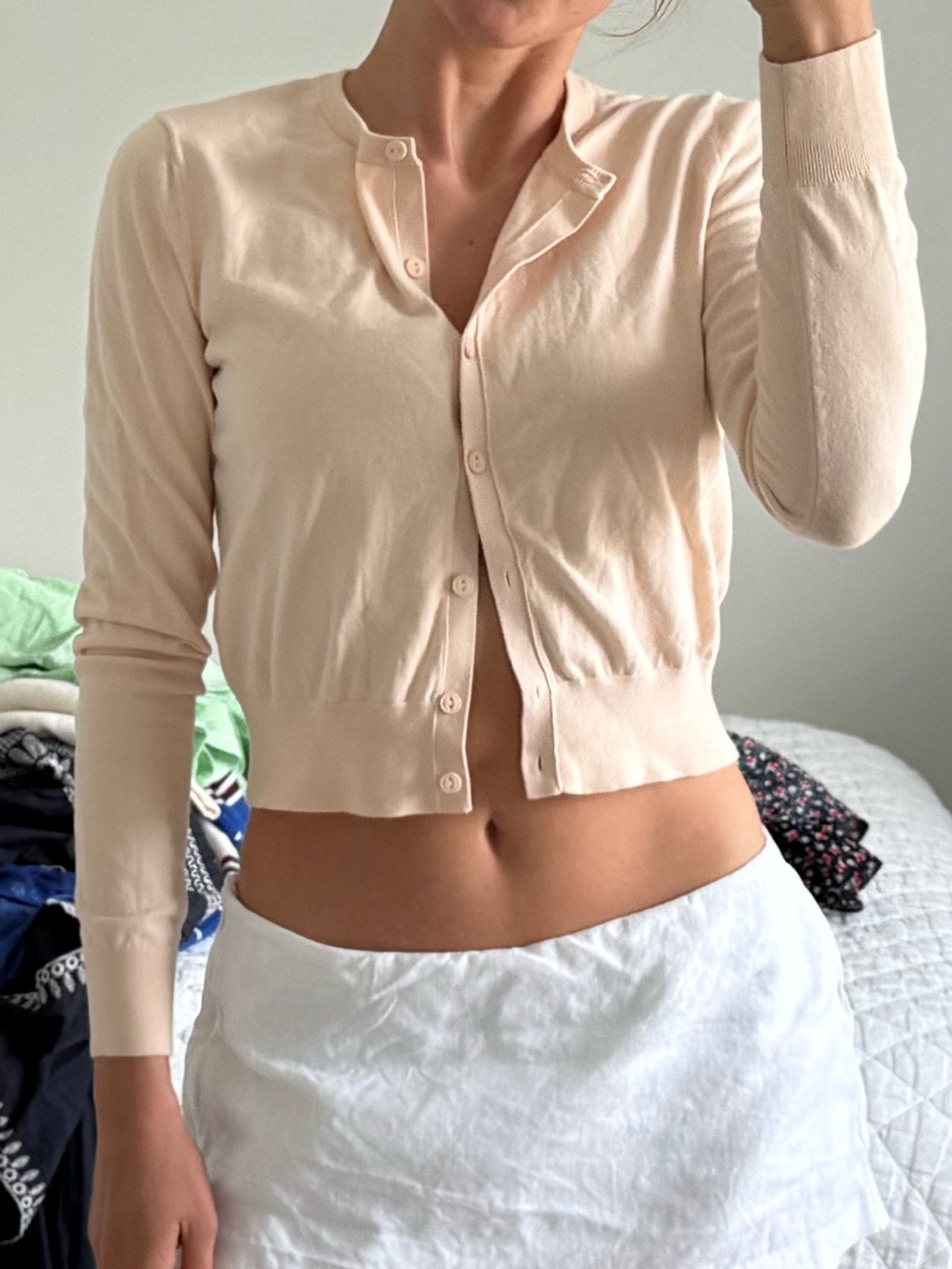 White + Warren Light Blush Button-Front Cashmere Blend Cardigan - Picture 1 of 2